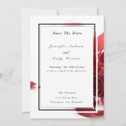 Save The Date Elégant blanc noir avec Mariage Roses rouges (Devant)