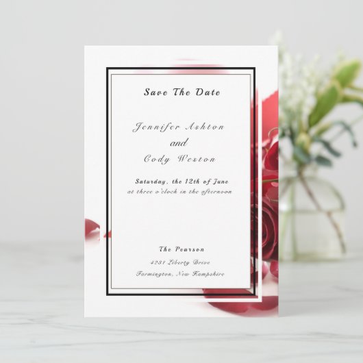 Save The Date Elégant blanc noir avec Mariage Roses rouges (Debout devant)