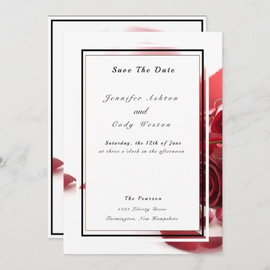 Save The Date Elégant blanc noir avec Mariage Roses rouges (Devant / Derrière)