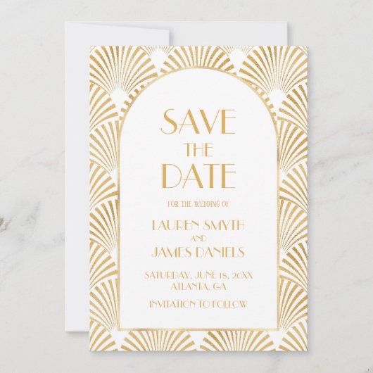 Save The Date Elégant Blanc Or Géométrique Mariage Art Déco (Devant)