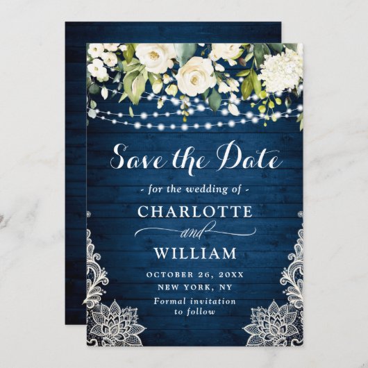 Save The Date Elégant blanc Roses dentelle Bleu Bois Rustique Ma (Devant / Derrière)