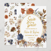 Save The Date Elégant bleu bleu beige Brown floral (Devant / Derrière)
