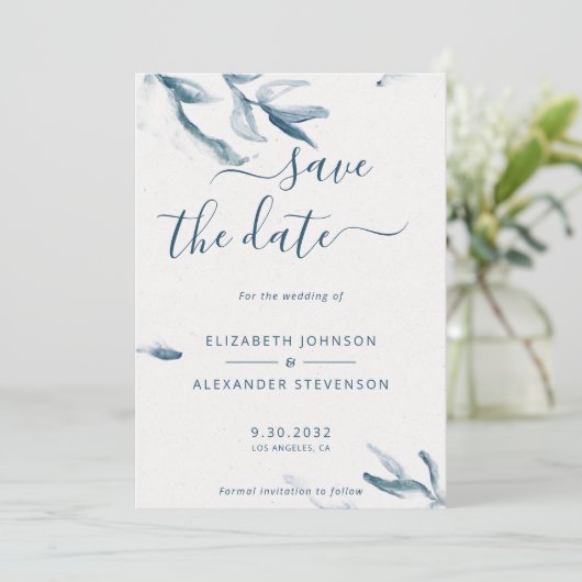 Save The Date Elégant bleu botanique aquarelle simple mariage (Debout devant)