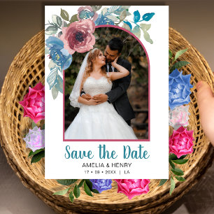 Save The Date Elégant bleu et rose Floral QR code Mariage photo
