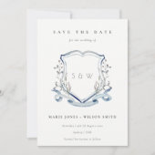 Save The Date Elégant bleu Fleur sauvage Aquarelle Monogram Cres (Devant)