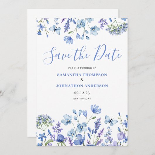 Save The Date Élégant bleu floral (Devant / Derrière)