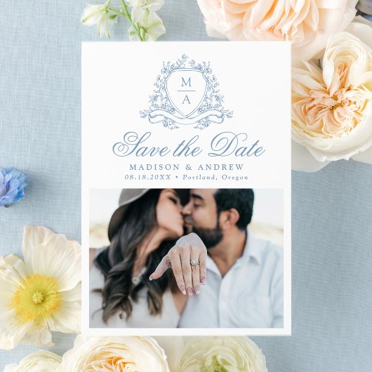 Save The Date Élégant bleu floral Crest Monogramme Mariage photo