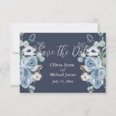 Save The Date Élégant Bleu foncé & Blanc floral Script (Devant)