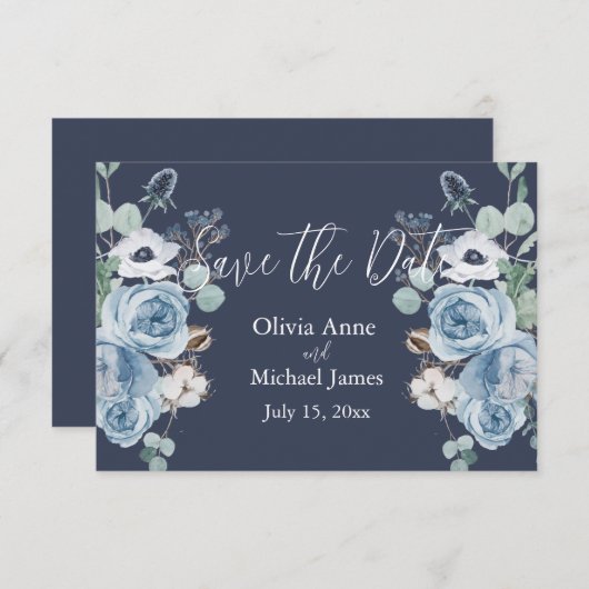 Save The Date Élégant Bleu foncé & Blanc floral Script (Devant / Derrière)