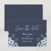 Save The Date Élégant Bleu foncé et floral blanc (Devant / Derrière)