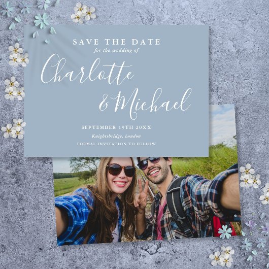Save The Date Elégant bleu foncé signature script photo