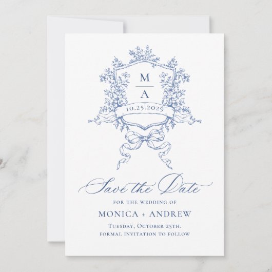 Save The Date Elégant bleu français Jardin Fleurs Mariage code Q (Devant)