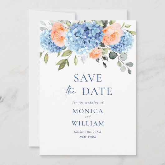 Save The Date Elégant bleu Hydrangea Blush Rose Floral Mariage (Devant)