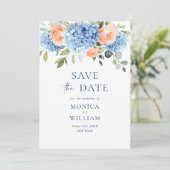 Save The Date Elégant bleu Hydrangea Blush Rose Floral Mariage (Debout devant)