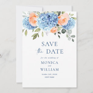 Save The Date Elégant bleu Hydrangea Blush Rose Floral Mariage