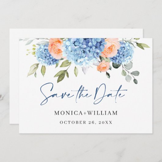 Save The Date Elégant bleu Hydrangea Blush Rose Floral Mariage (Devant / Derrière)