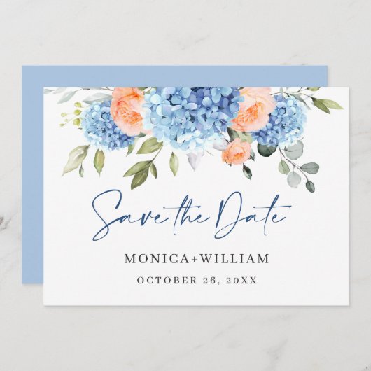 Save The Date Elégant bleu Hydrangea Blush Rose Floral Mariage (Devant / Derrière)