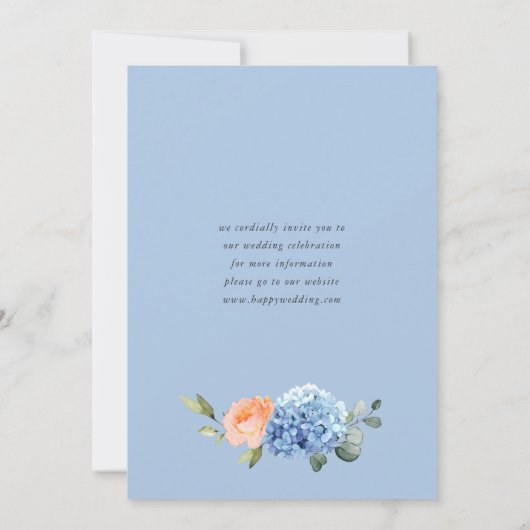 Save The Date Elégant bleu Hydrangea Blush Rose Floral Mariage (Dos)