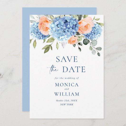 Save The Date Elégant bleu Hydrangea Blush Rose Floral Mariage (Devant / Derrière)