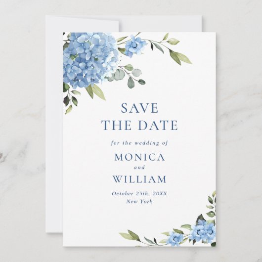 Save The Date Elégant bleu Hydrangea Fleurs Printemps Mariage (Devant)