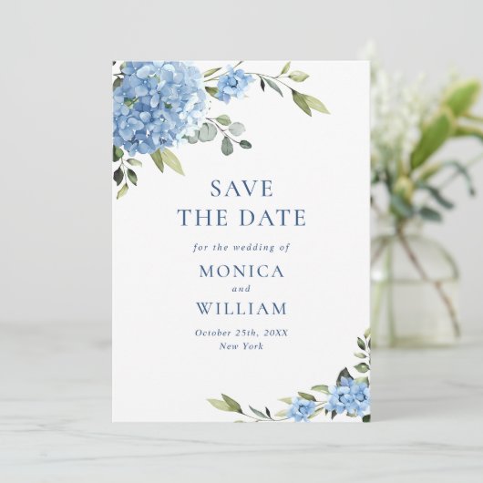 Save The Date Elégant bleu Hydrangea Fleurs Printemps Mariage (Debout devant)