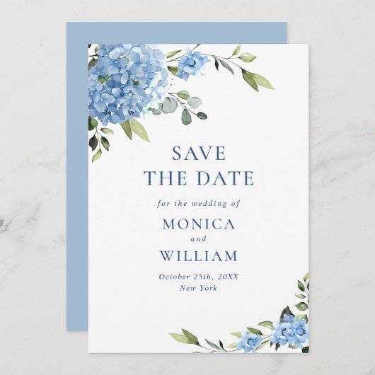 Save The Date Elégant bleu Hydrangea Fleurs Printemps Mariage (Devant / Derrière)