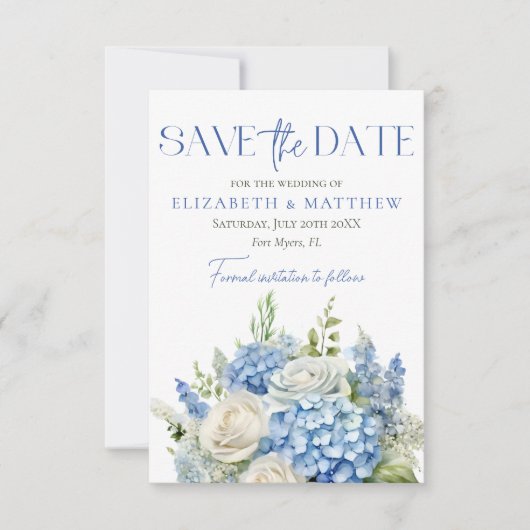 Save The Date Élégant bleu Hydrangea Flore blanche Mariage photo (Devant)