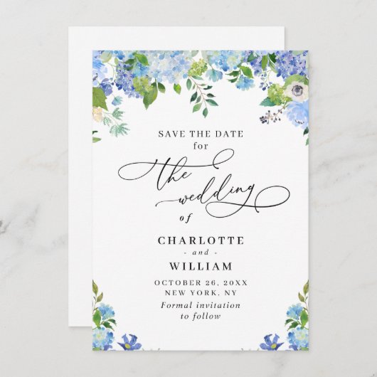 Save The Date Elégant bleu Hydrangea Mariage de verdure (Devant / Derrière)