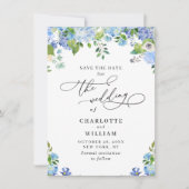 Save The Date Elégant bleu Hydrangea Mariage de verdure (Devant)