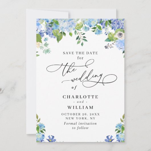Save The Date Elégant bleu Hydrangea Mariage de verdure Photo (Devant)