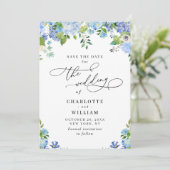 Save The Date Elégant bleu Hydrangea Mariage de verdure Photo (Debout devant)