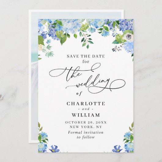 Save The Date Elégant bleu Hydrangea Mariage de verdure Photo (Devant / Derrière)