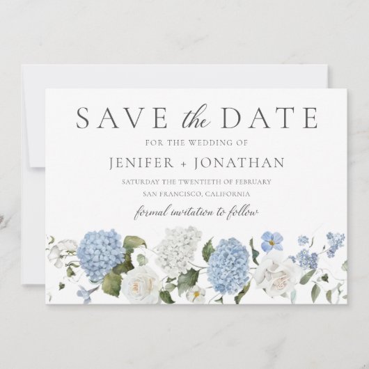 Save The Date Elégant bleu Hydrangea Roses blanches Mariage flor (Devant)
