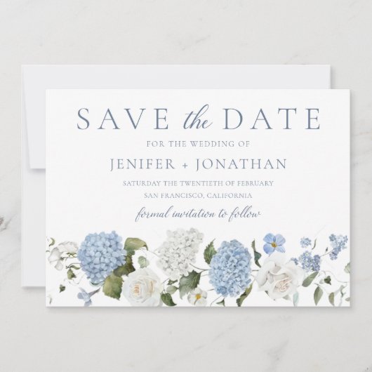 Save The Date Elégant bleu Hydrangea Roses blanches Mariage flor (Devant)