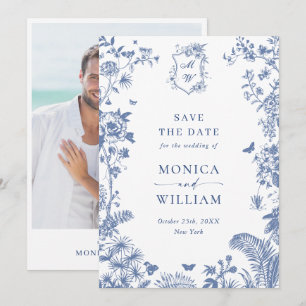 Save The Date Elégant bleu Jardin Français Floral Mariage Photo
