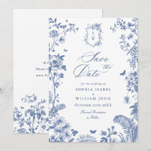 Save The Date Elégant bleu Jardin Français Floral Mariage Photo