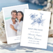 Save The Date Elégant bleu Jardin Français Floral Mariage Photo
