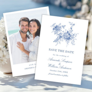 Save The Date Elégant bleu Jardin Français Floral Mariage Photo