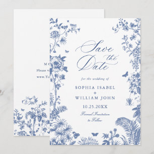 Save The Date Elégant bleu Jardin Français Floral Mariage Photo