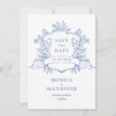 Save The Date Elégant bleu Jardin Français Floral Mariage QR cod (Devant)