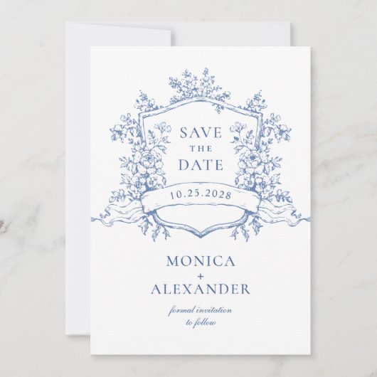 Save The Date Elégant bleu Jardin Français Floral Mariage QR cod (Devant)