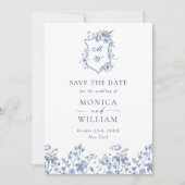 Save The Date Elégant bleu Jardin Français Floral Mariage QR cod (Devant)