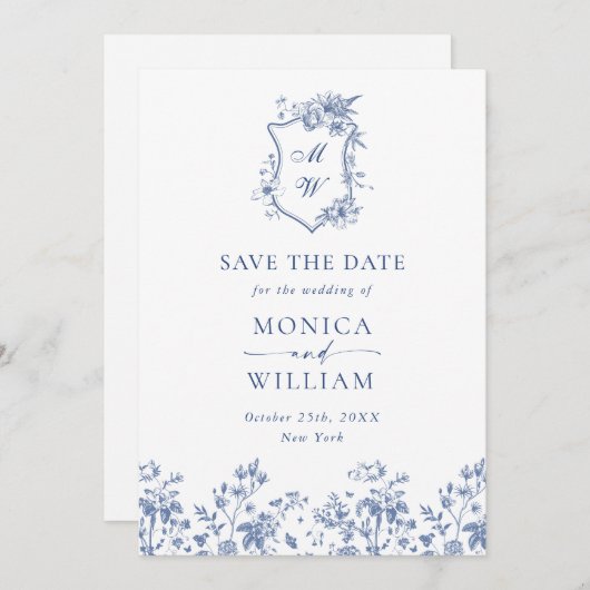 Save The Date Elégant bleu Jardin Français Floral Mariage QR cod (Devant / Derrière)