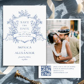 Save The Date Elégant bleu Jardin Français Floral Mariage QR cod