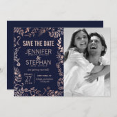 Save The Date Elégant bleu marine Rose or florale Enregistrer le (Devant / Derrière)