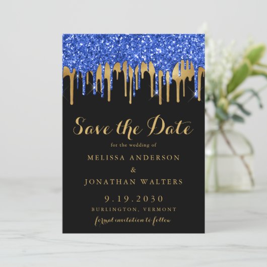 Save The Date Elégant Bleu Noir Parties scintillant Mariage de  (Debout devant)
