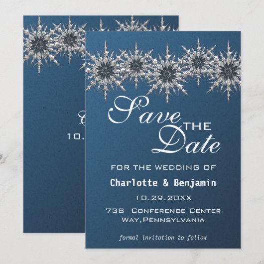 Save The Date Élégant Bleu Nuit Argent Flocon de Neige Enregistr (Devant / Derrière)