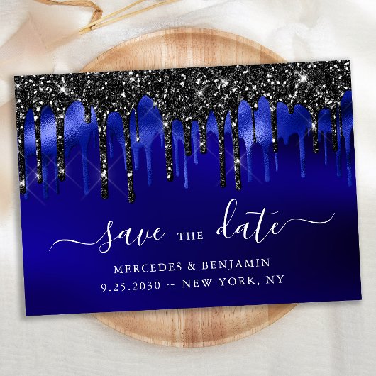 Save The Date Elégant Bleu Parties scintillant noir Mariage de