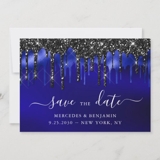 Save The Date Elégant Bleu Parties scintillant noir  Mariage de  (Devant)