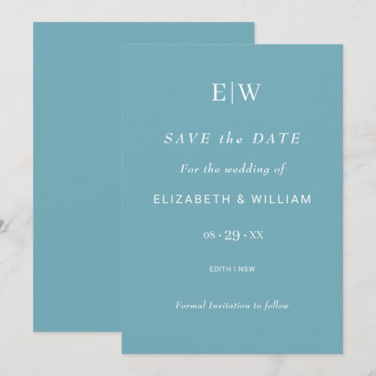 Save The Date Élégant bleu rétro simple avec Mariage Monogram (Devant / Derrière)
